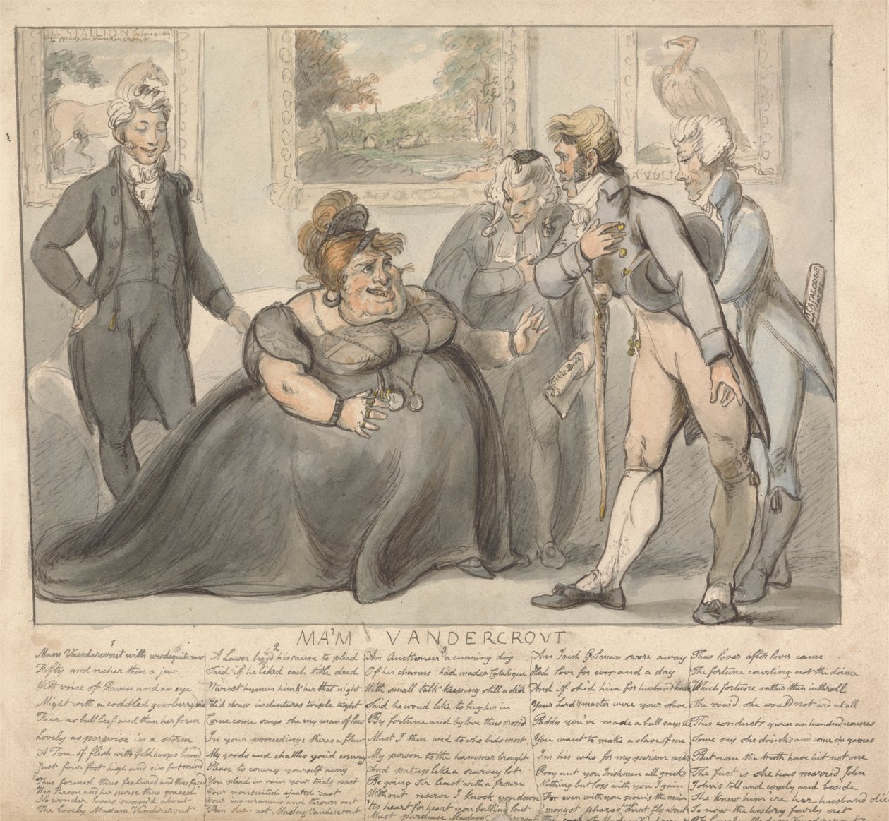 Ma'm Vandercrout og friere av Isaac Cruikshank