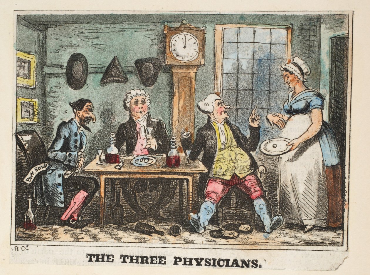 The Three Physicians, ca. 1824 (håndfarget gravering) av Isaac Robert Cruikshank