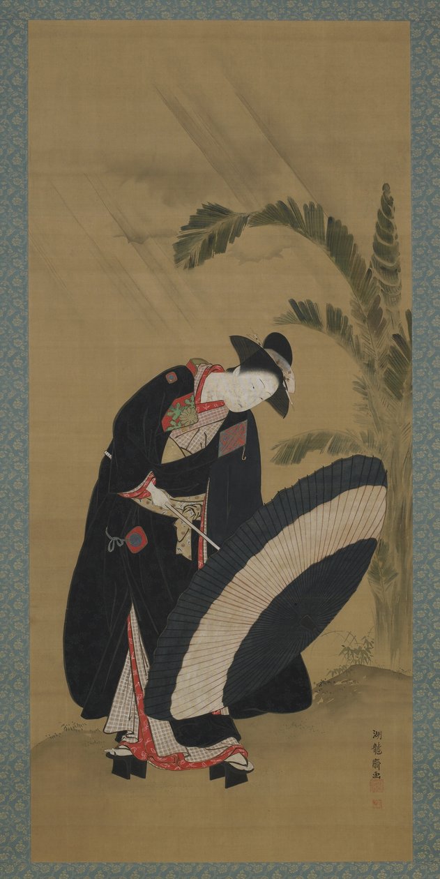 Sommer: en ung kvinne setter opp en paraply, Edo-periode, ca. 1772-80 (farge og gull på silke) av Isoda Koryusai