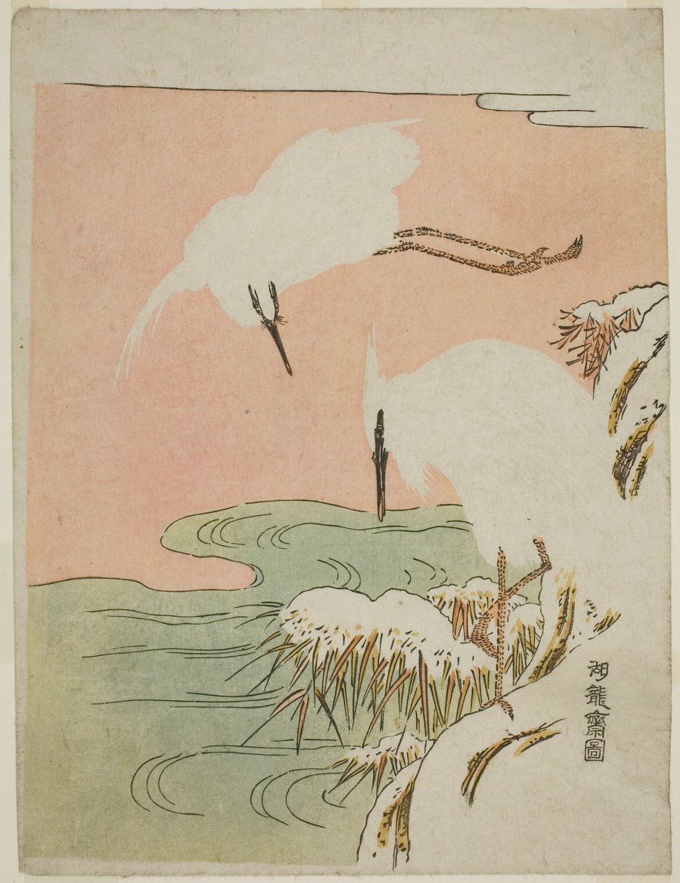 To egrets i snøen av Isoda Koryusai