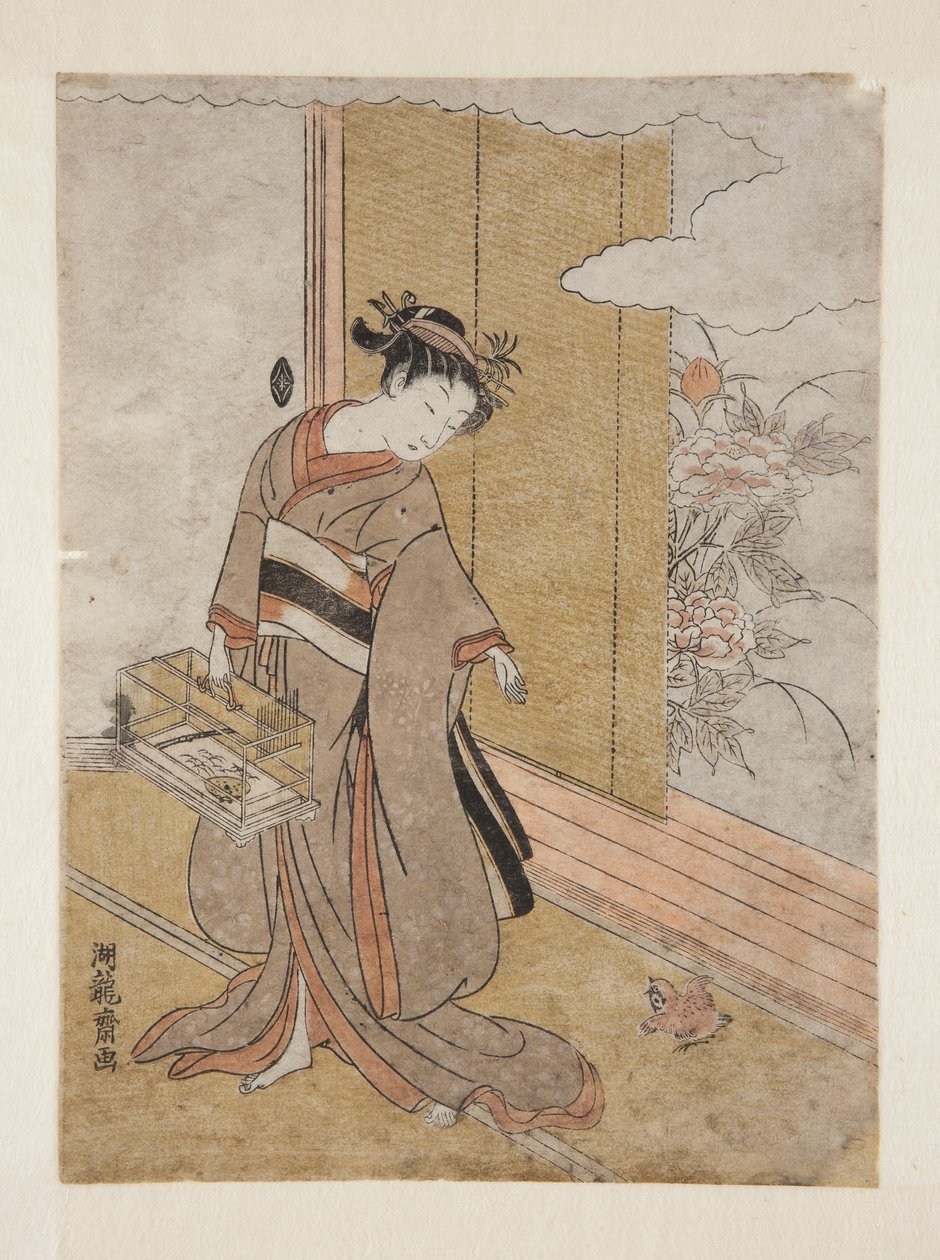 Woman and Sparrow (farget treblokktrykk) av Isoda Koryusai