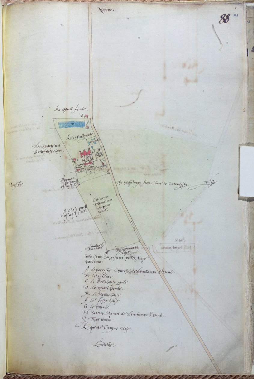Ms 255171 fol.88 Kart over landsbyen Belchamp St. Paul, 1576 penn & blekk og wc på papir av Israel Amyce