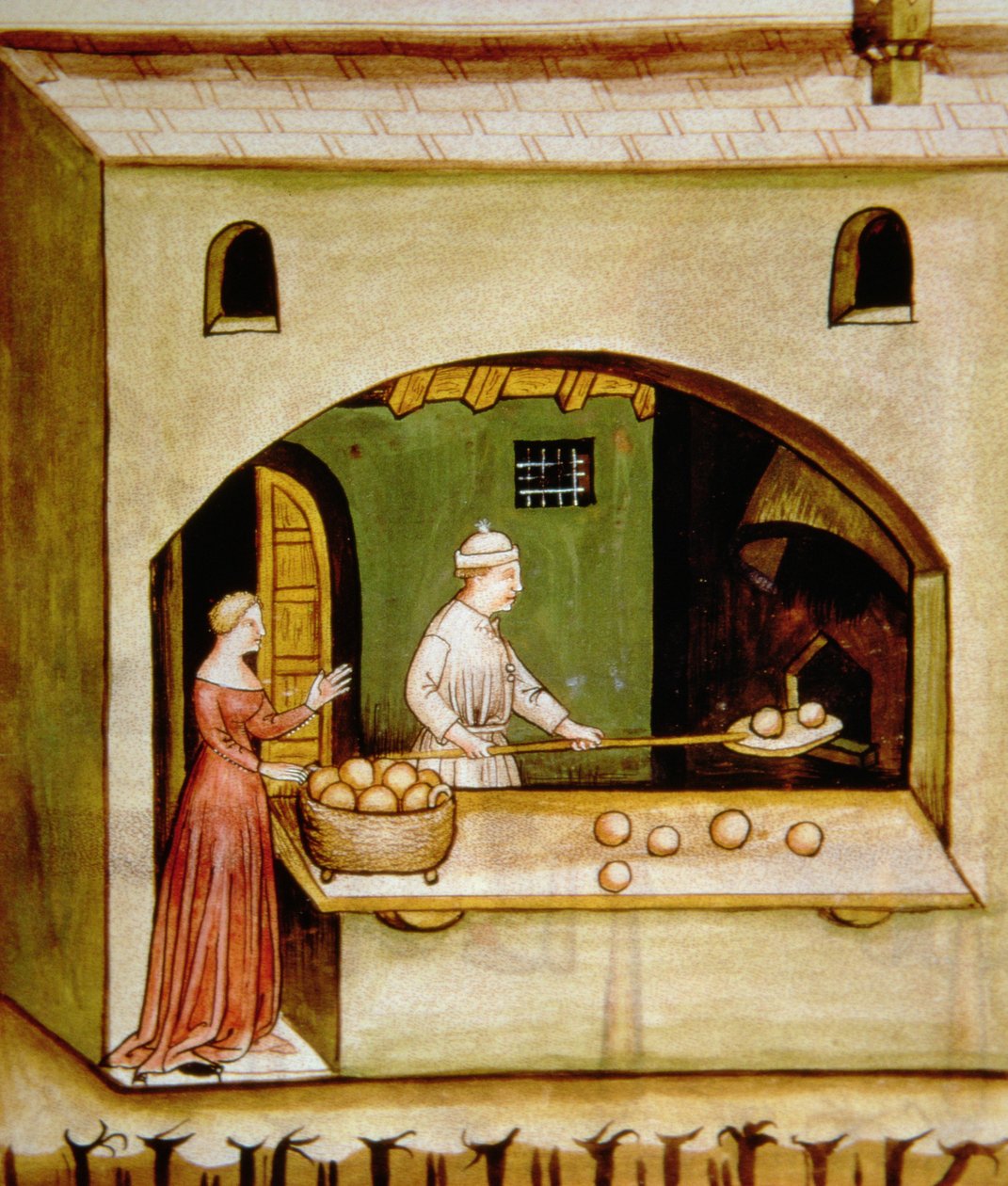 Fol.63r Baking av hvitt brød, illustrasjon fra Tacuinum Sanitatis Codex Vindobonensis av Italian School