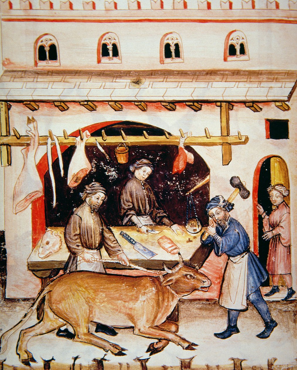 Fol.73v The Butchers: Veal, illustrasjon fra Tacuinum Santiatis Codex Vindobonensis av Italian School