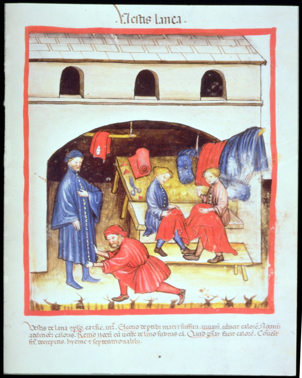 Nova 2644 fol.105r The Tailors: Clothes of Wool, fra Tacuinum Sanitatis av Italian School