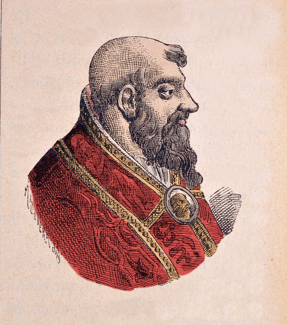 Portrett av paven Clement VII (Clemente eller Clemens eller Giulio di Giuliano de Medicis) (1523-1534), 1898 (gravering med senere fargelegging) av Italian School