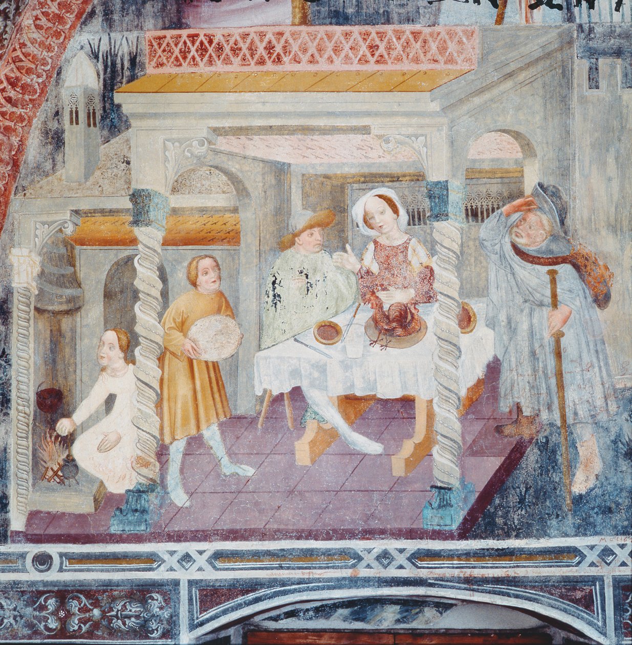 St. James går inn i et hus under et måltid, fra historien om St. James av Italian School