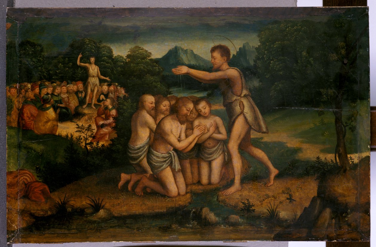 Johannes forkynnelse og dåp (tempera på tre) av Italian School
