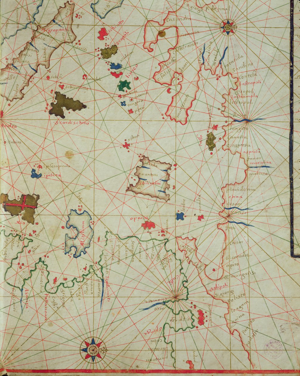 Peloponnes med øya Limnos, fra et nautisk atlas, 1646 (blekk på vellum) (detalj fra 330939) av Italian School