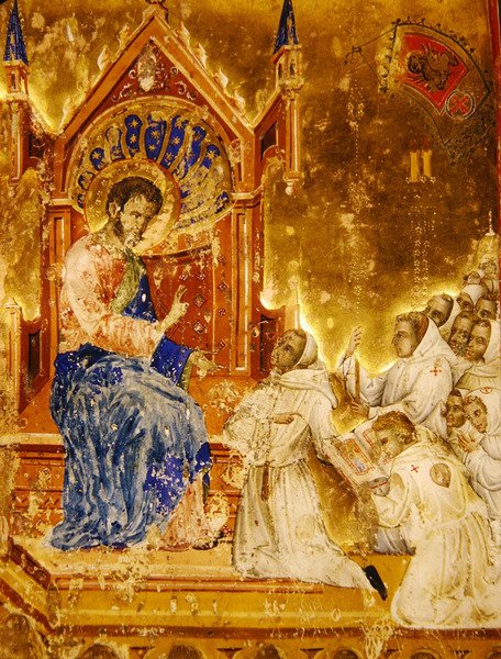 Brødrene presenterer regelen for St. Mark, fra en Mariegola fra lekmannslauget St. Mark, ca. 1350 (blekk og bladgull på vellum) av Italian School