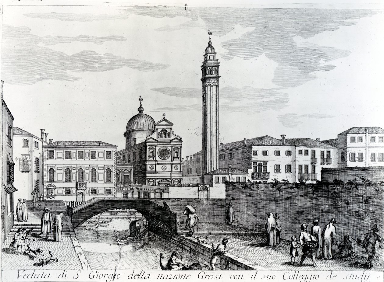 Utsikt over San Giorgio dei Greci og Flanginian School, Venezia av Italian School