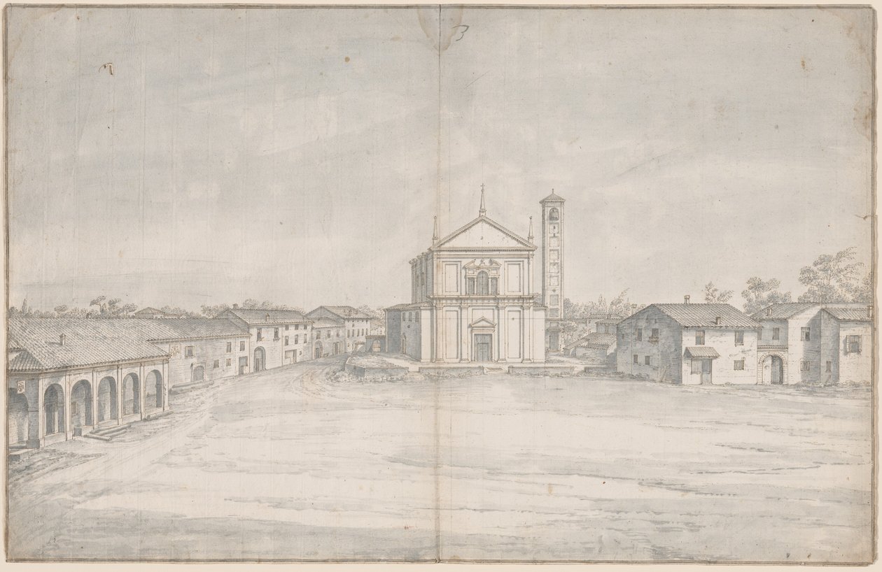 Et sentrum med en kirke av Italian 18th Century