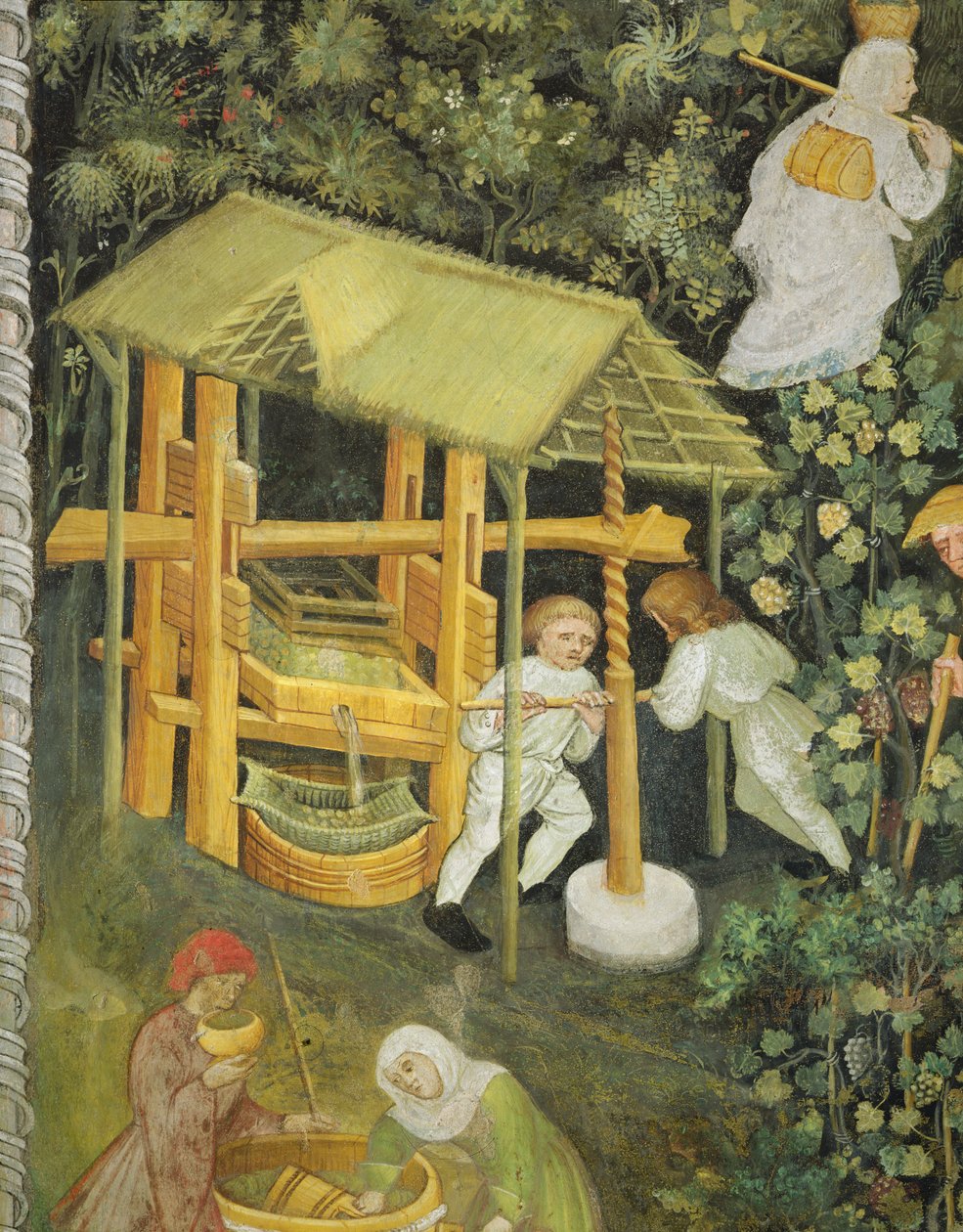 Knusing av druer. Vinpressen (fresco) av Italian School