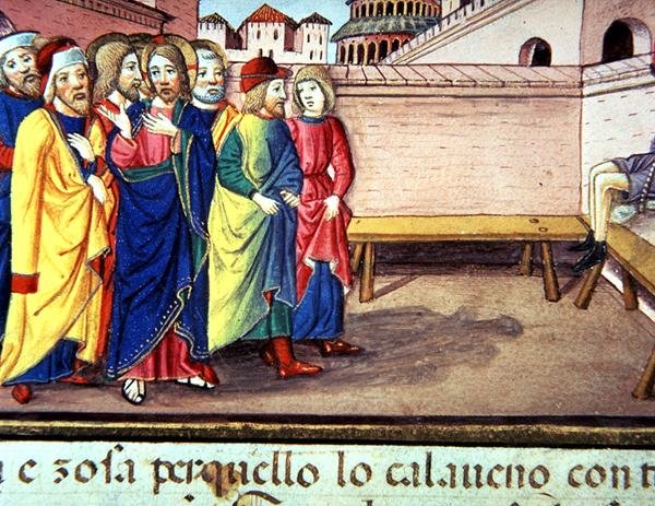 Fol.51v Kristus kommer inn i Kapernaum (vellum) av Italian School