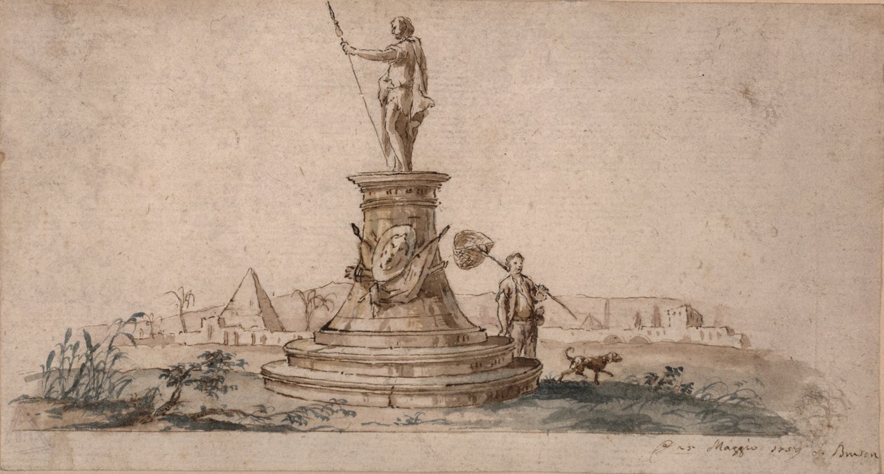Monument (blekk med vask på papir) av Italian School