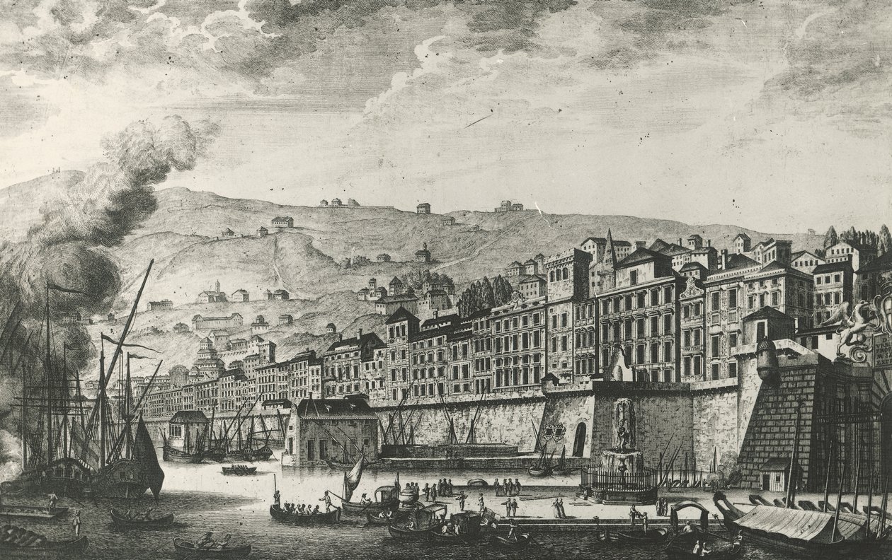 Ponte Reale i Genova, gravering, Italia av Italian School