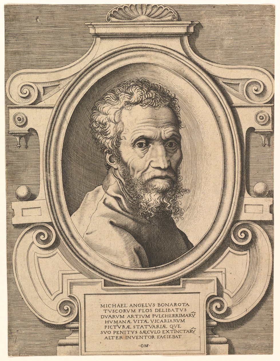 Portrett av Michelangelo, pub. C1564. av Italian School