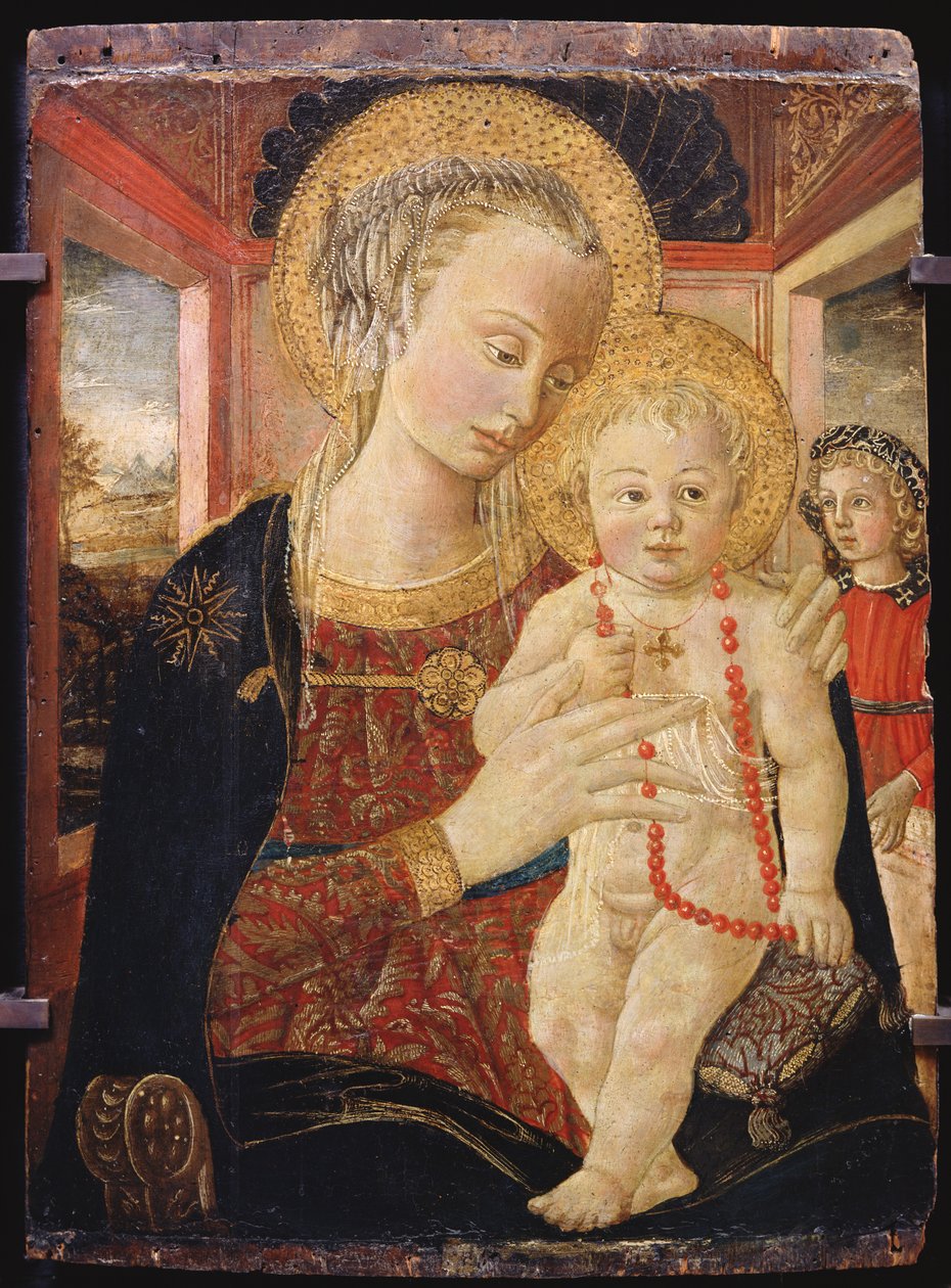 Jomfruen og barnet (olje på tre) av Italian School