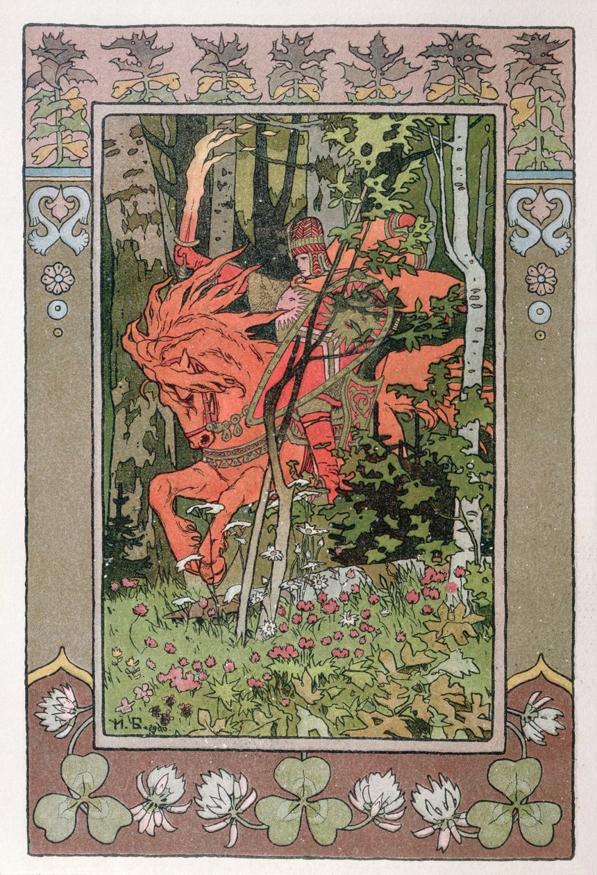 The Red Rider, en episode fra den russiske eventyrhistorien 'Vasilissa the Beautiful', 1900 av Ivan Yakovlevich Bilibin