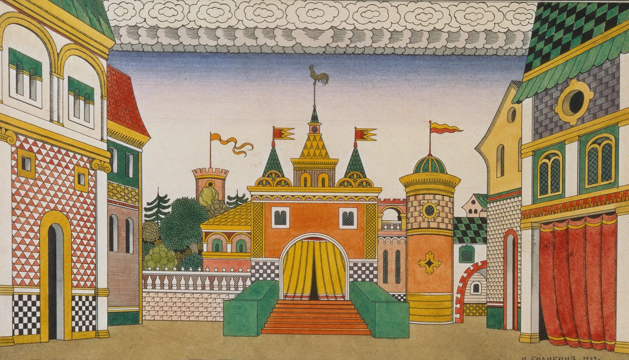 Sketch for the Opera, The Golden Cockerel, av Nikolai Rimsky-Korsakov (1844-1908), 1909 (wc og gouache på papir) av Ivan Yakovlevich Bilibin