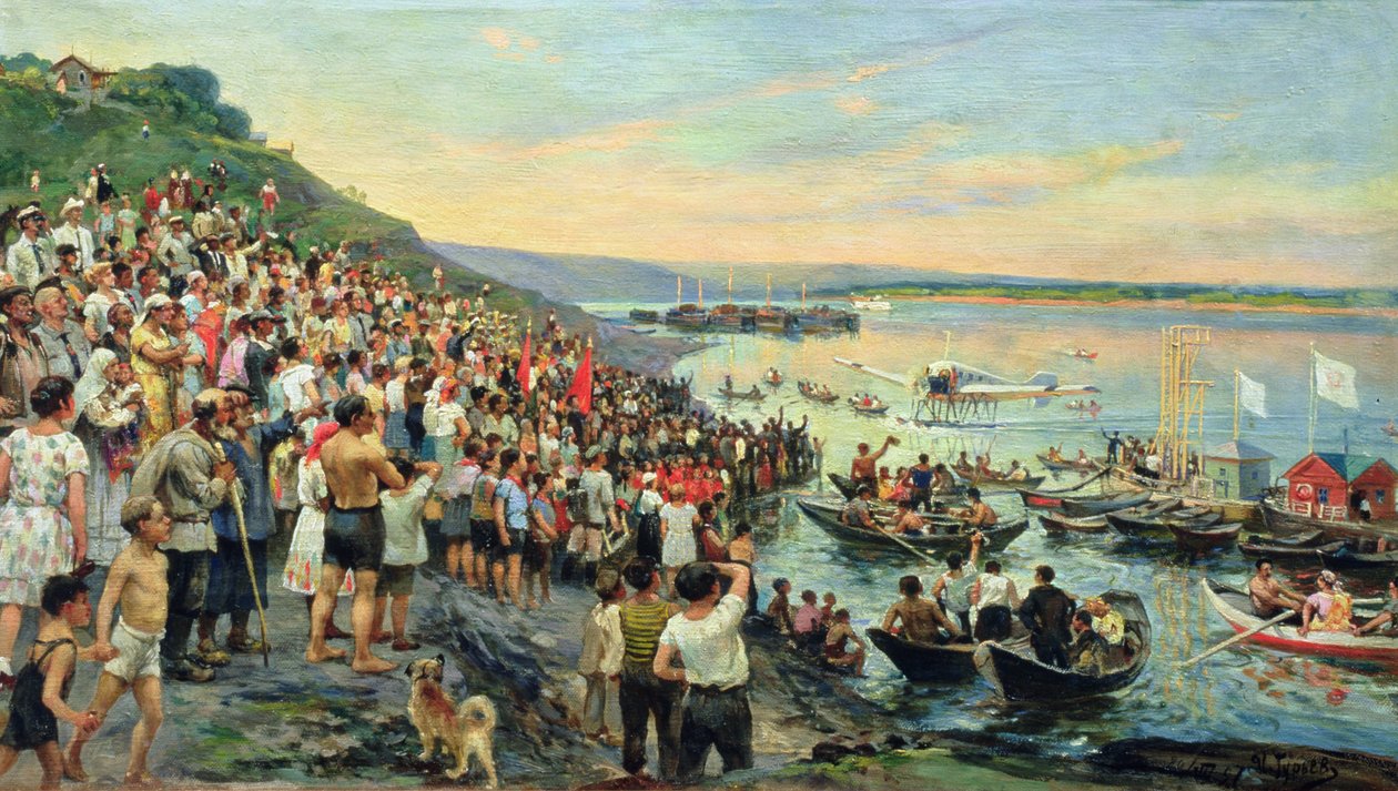 Ankomst av et sjøfly i Ulyanovsk i 1927, av Ivan Petrovich Guryev