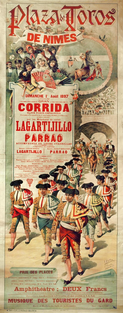 Plakat som reklamerer for en tyrefekting på Plaza de Toros, Nimes, 1. august 1897, gravert av J. Ortega av J. and Pastor, E. Estellor