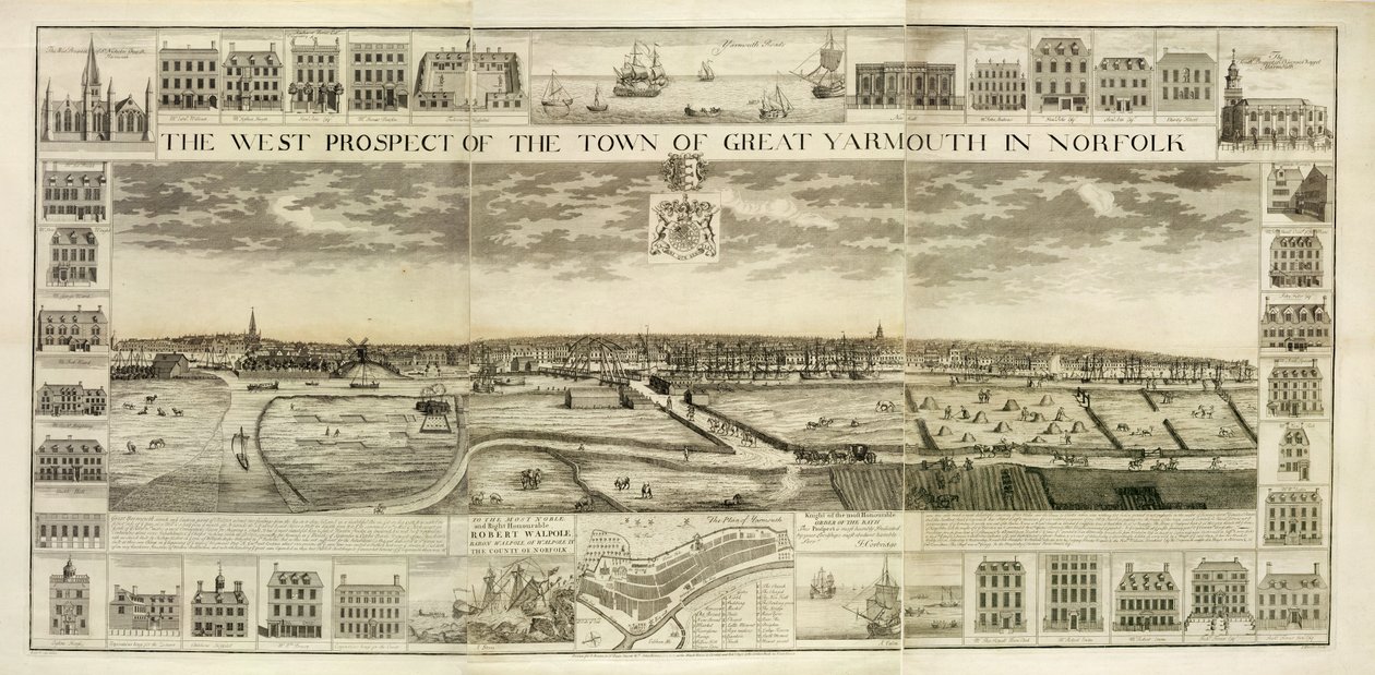The West Prospect of the Town of Great Yarmouth i Norfolk, gravert av John Harris (fl.1686-1740) (se også 241066-68) av J. Corbridge