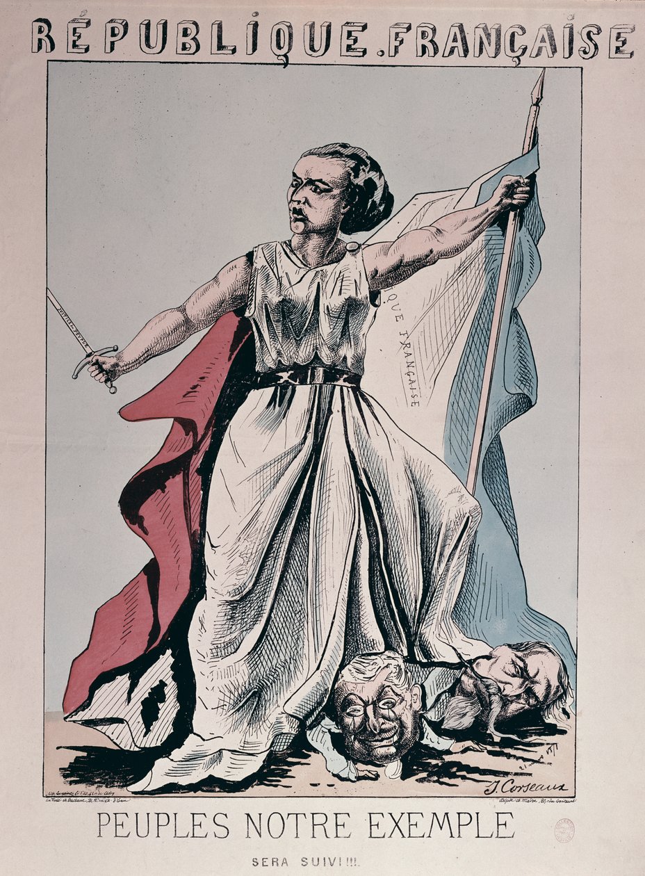 Personifisering av Den franske republikk som Louise Michel (1830-1905) som tråkker på hodet til Louis Adolphe Thiers (1797-1877) og Napoleon III (1808-73) (fargegravering) av J. Corseaux