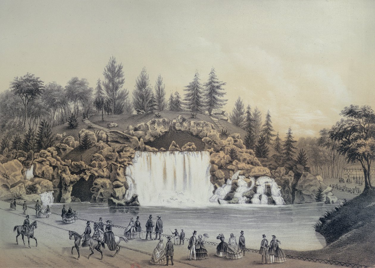 Den store kaskaden i Bois de Boulogne i Paris, utgitt av Caudrilier, 1860 av J. Walter