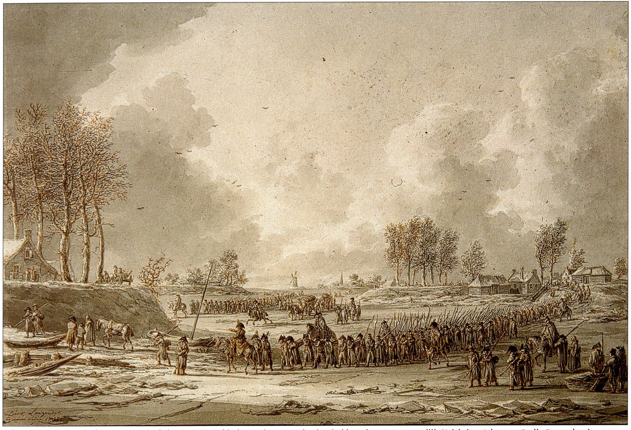 Den franske hæren krysser den frosne Waal, 1795 av J.A. Langendijk