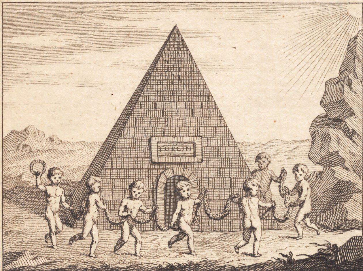 Sju barn danser foran pyramiden av J.F. Clemens