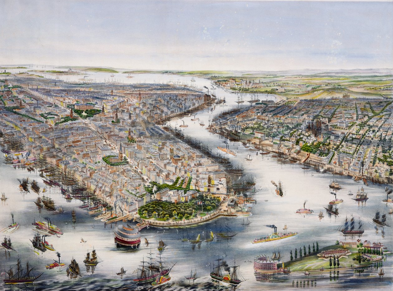 Fugleperspektiv av New York og Brooklyn, trykt av I. Schaerer av J.H. Lochner