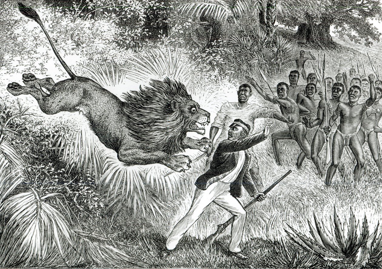 Livingstone angrepet av en løve (bw-bilde) av J.M. Cobner