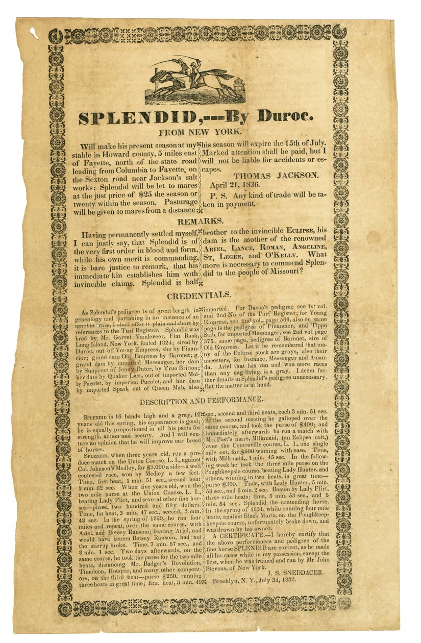 Sertifisert av Duroc, Brooklyn, NY, 3. juli 1832 av J.S. Sneddacer