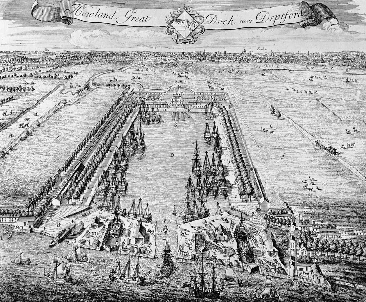 Howland Great Dock, nær Deptford, ca. 1715-20 av J. Badslade