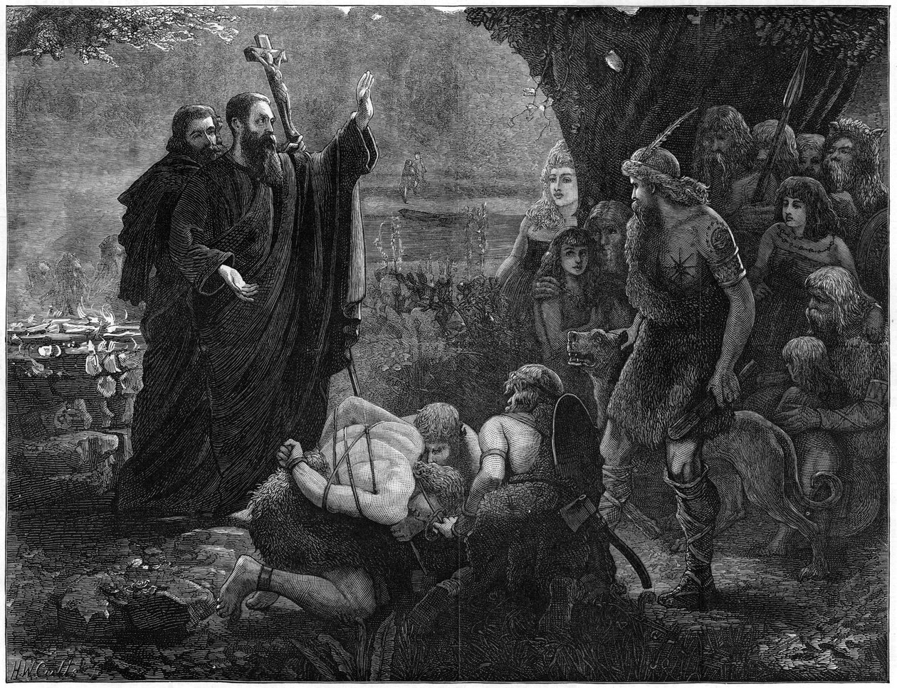 Kristne misjonærer som avbryter et menneskeofring, 1878. av J. Christie