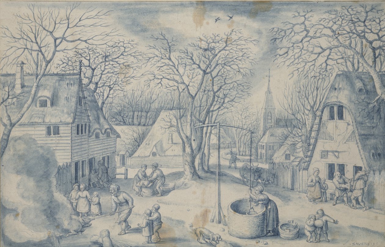 A Village Scene: Winter, 1500-tallet (pensel og blå akvarell) av Jacob I Savery