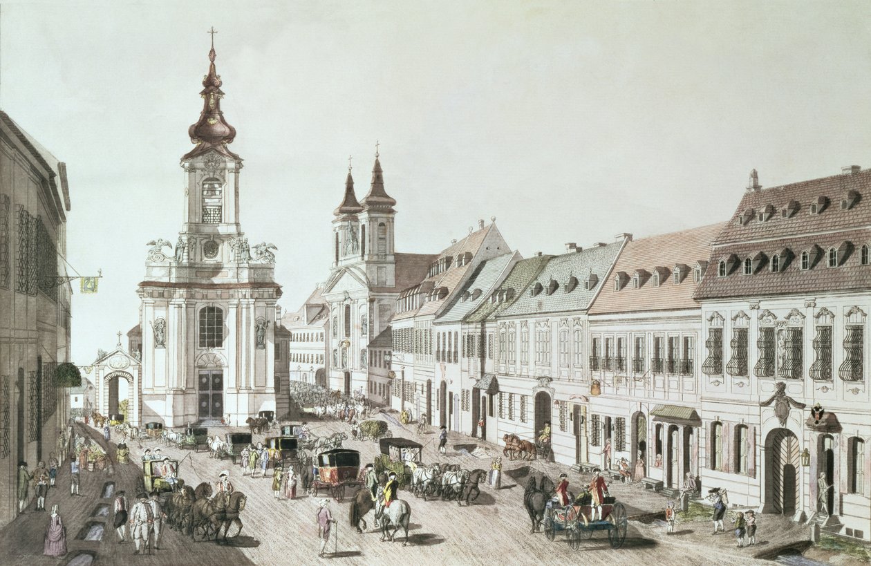 Sognekirken og kirkegården i Fauxbourg, gravert av kunstneren av Jacob Ziegler