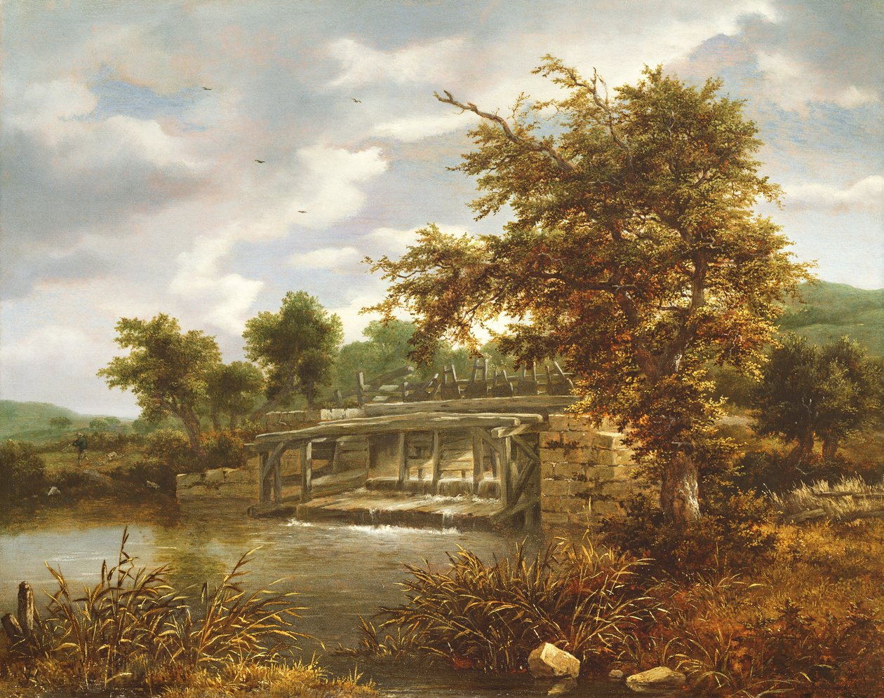 Et skogkledd elvelandskap med en sluseport av Jacob van Ruisdael