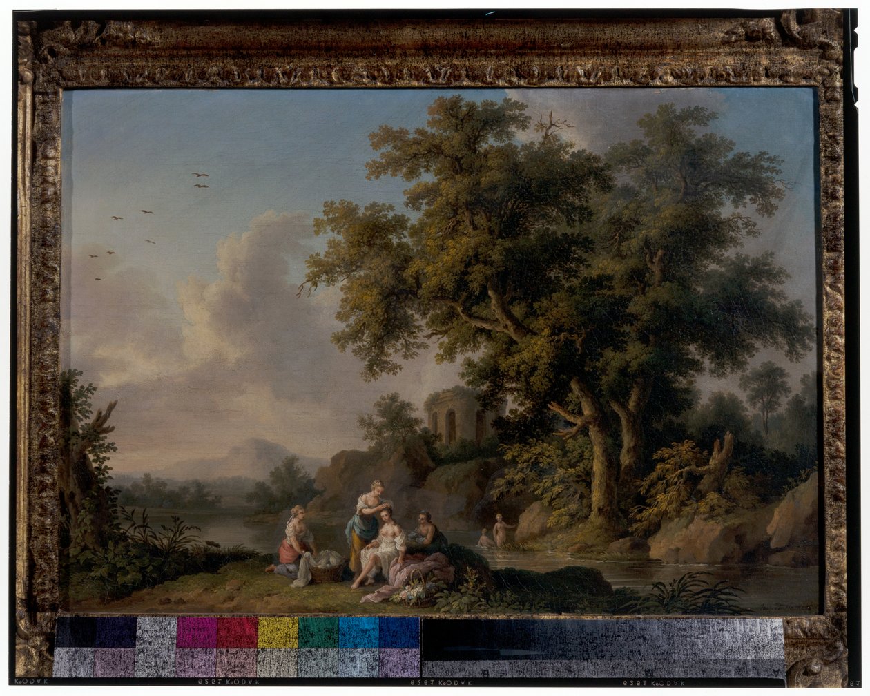 Et par landskap med badende nymfer av Jacob Philippe Hackert