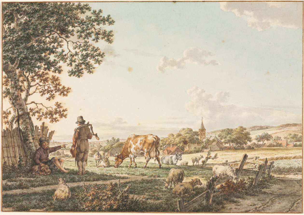 Pastoralt landskap med landsby, 1799. av Jacob Cats