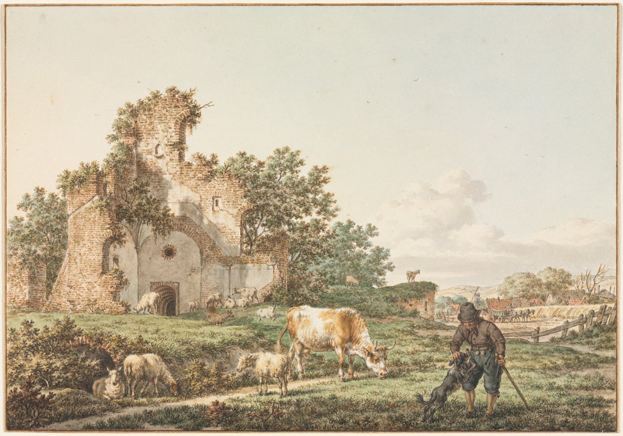 Pastoralt landskap med en ruin, 1799. av Jacob Cats