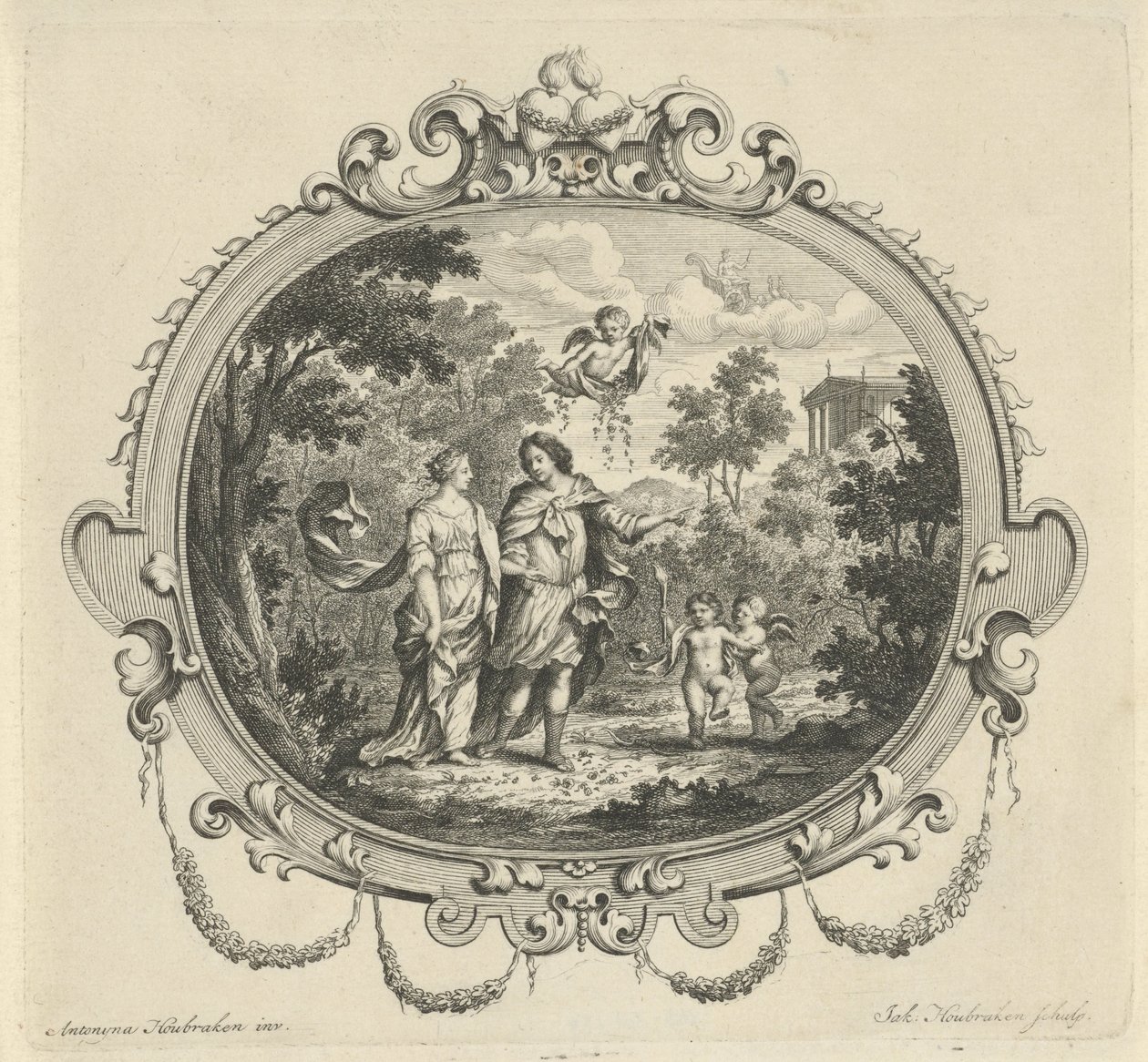Vandrende par akkompagnert av putti av Jacob Houbraken