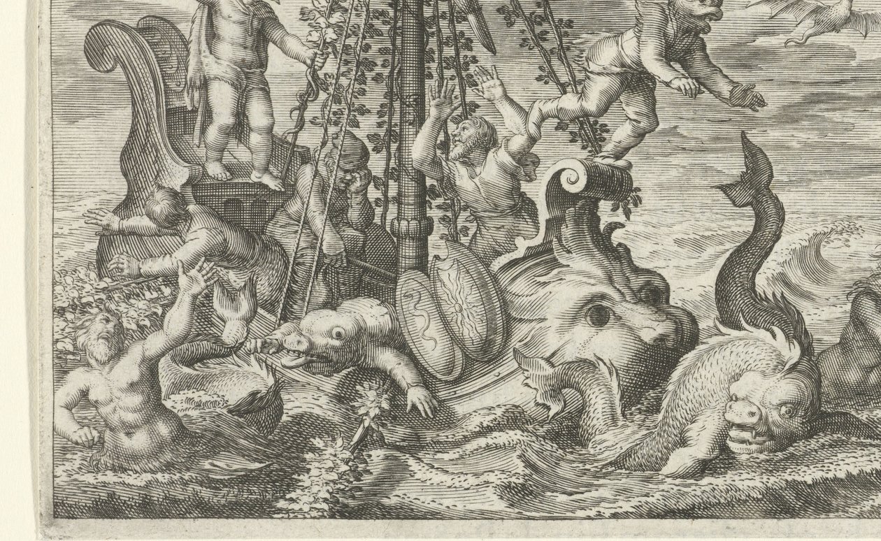 Bacchus gjør fangstmennene sine til delfiner av Jacob Matham