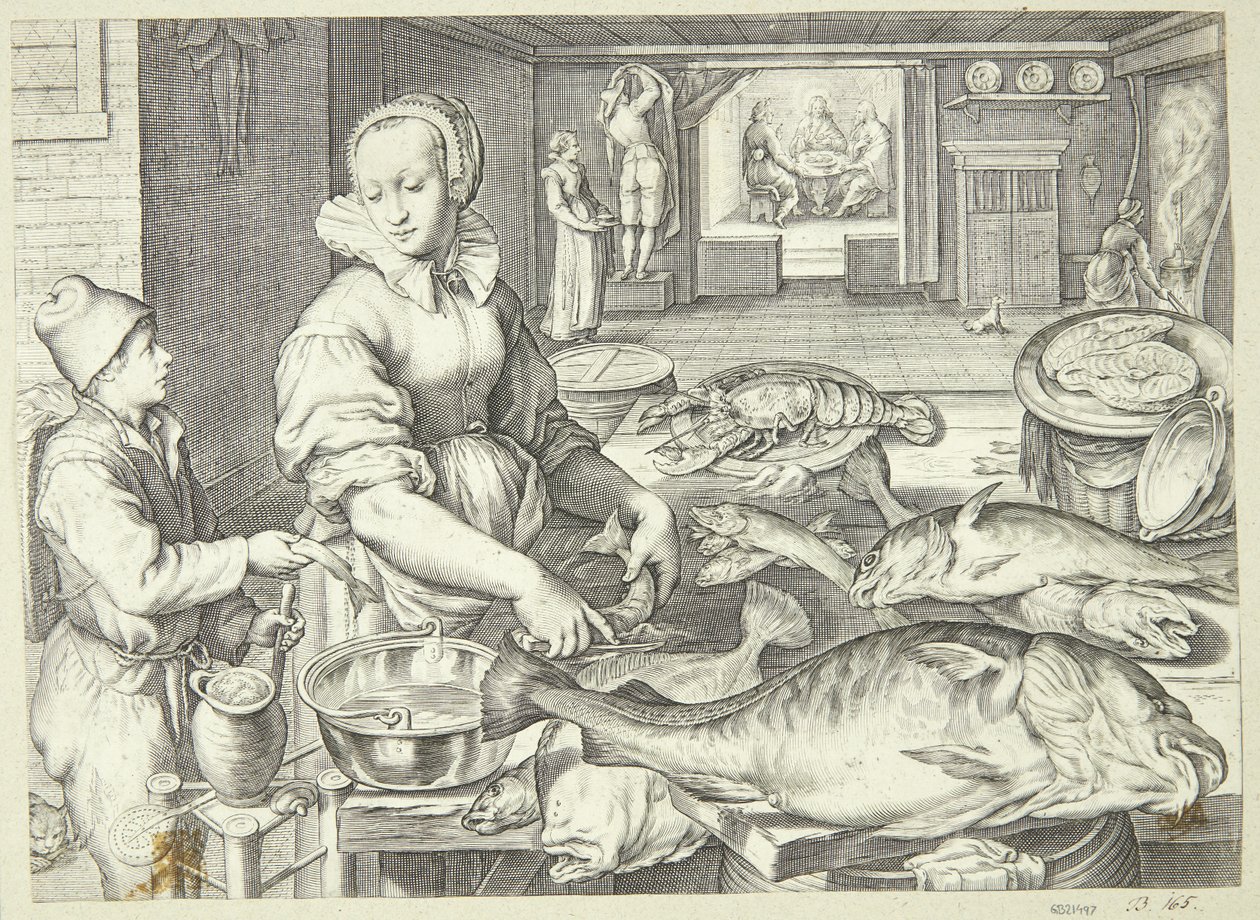 Kjøkkenscene med en kjøkkendame som vasker fisk av Jacob Matham