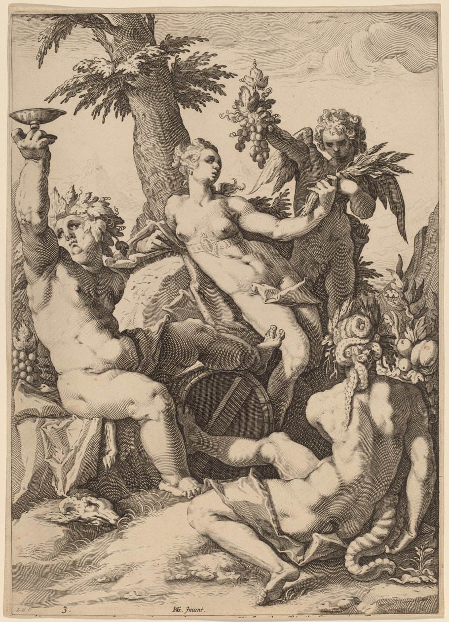Venus, Bacchus og Ceres av Jacob Matham after Hendrik Goltzius