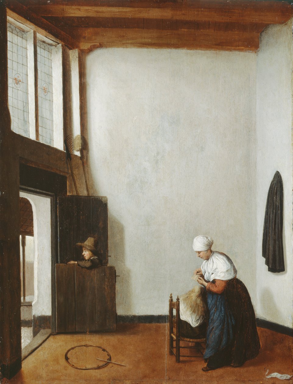 Interiør med en kvinne som kjemmer en liten jentes hår, ca. 1662 (olje på eikepanel) av Jacobus Vrel or Frel