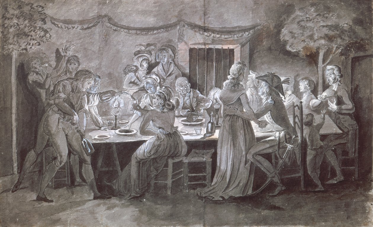 Et kveldsbryllupsmåltid (penn og blekk og gouache på papir) av Jacques Bertaux