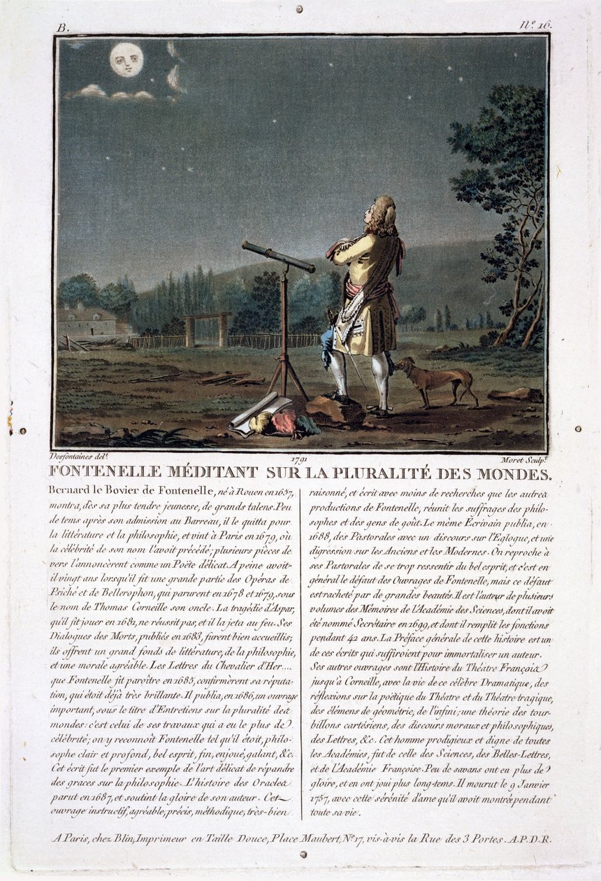 Bernard le Bovier de Fontenelle (1657-1757) som vurderer mangfoldet av verdener, gravert av Jean Baptiste Morret (fl.1790-1820), 1791 (se også 251584) av Jacques Francois Joseph Swebach