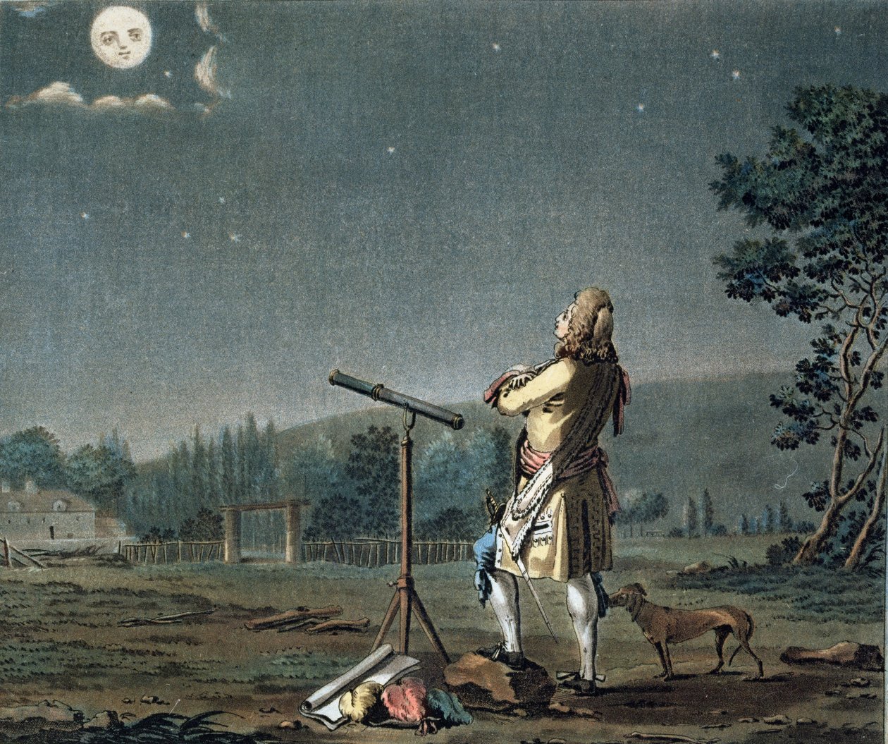Bernard le Bovier de Fontenelle (1657-1757) som vurderer mangfoldet av verdener, gravert av Jean Baptiste Morret (fl.1790-1820) 1791 (se også 169293) av Jacques Francois Joseph Swebach